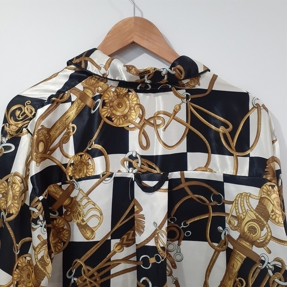 Retro 90's Satin Black and White Checkered Baroque Oversized Button Front Blouse - Picture 9 of 11
